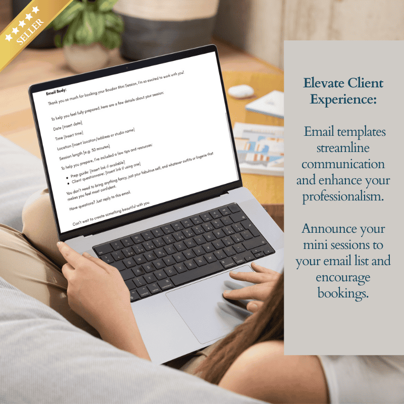 Booking confirmation email template shown on a laptop, helping boudoir photographers streamline communication with clients.
