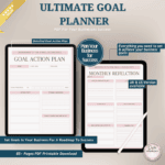 Digital planner showing goal action plan and monthly reflection worksheets for business planning.