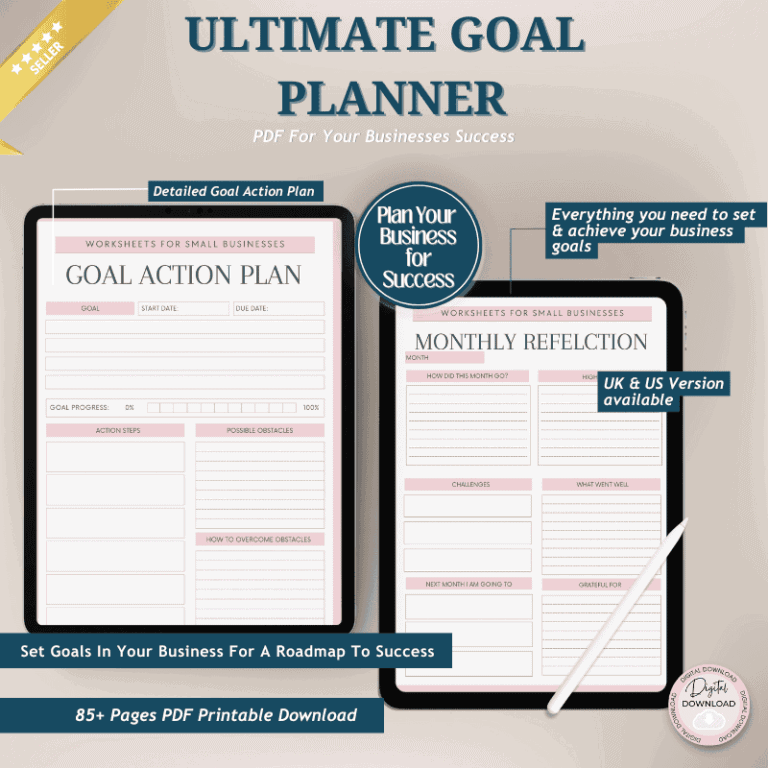 Digital planner showing goal action plan and monthly reflection worksheets for business planning.