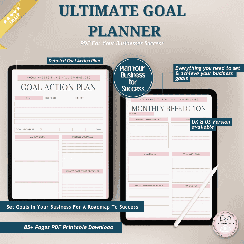 Digital planner showing goal action plan and monthly reflection worksheets for business planning.