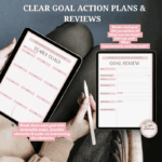 Two tablets displaying goal review and yearly goals worksheets with a focus on clear planning and reflection.