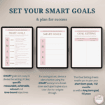 SMART goal templates displayed on tablets, helping users plan short and long-term business goals.