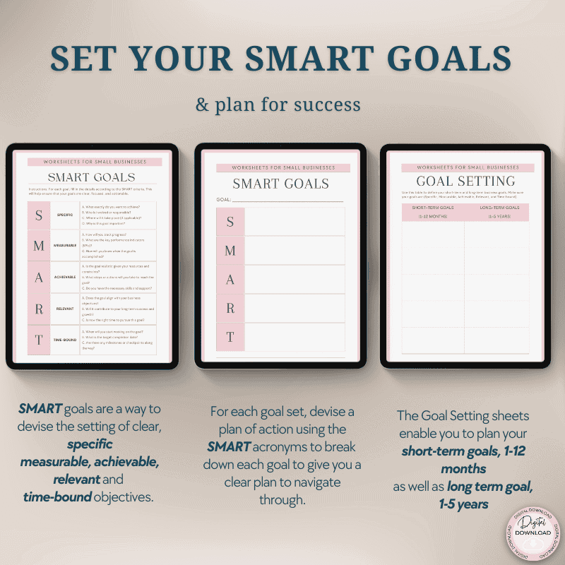 SMART goal templates displayed on tablets, helping users plan short and long-term business goals.