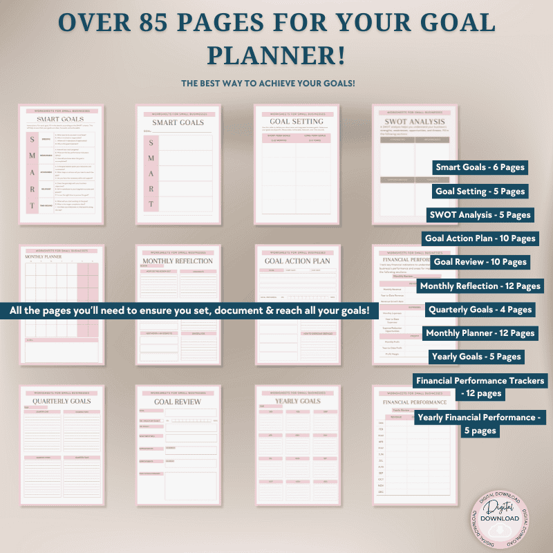 Overview of the full goal planner showing thumbnails of all included worksheets, from SMART goals to financial trackers.