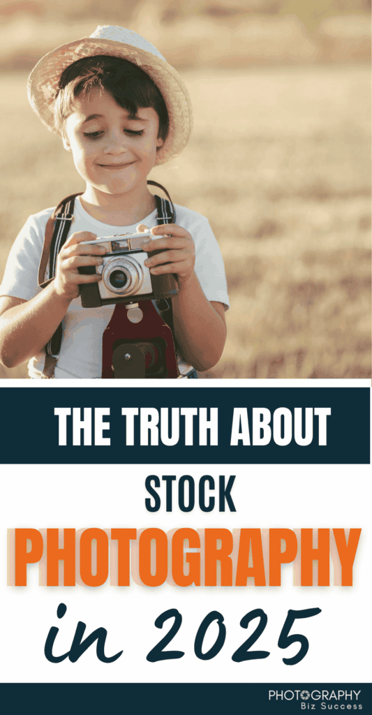Smiling boy in straw hat holding vintage camera with text “The Truth About Stock Photography in 2025.”
