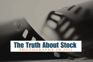 Black-and-white film strips with text “The Truth About Stock Photography in 2025.”