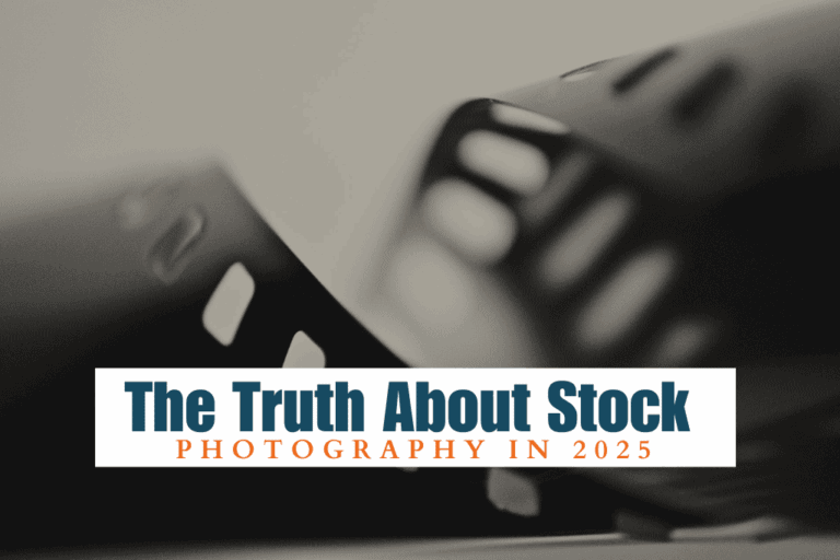 Black-and-white film strips with text “The Truth About Stock Photography in 2025.”