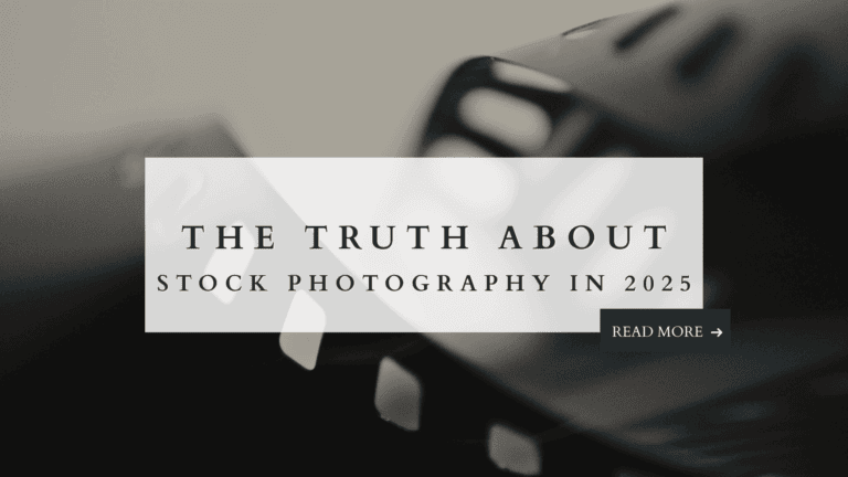 Text graphic with the headline “The Truth About Stock Photography in 2025” on a blurred dark background.