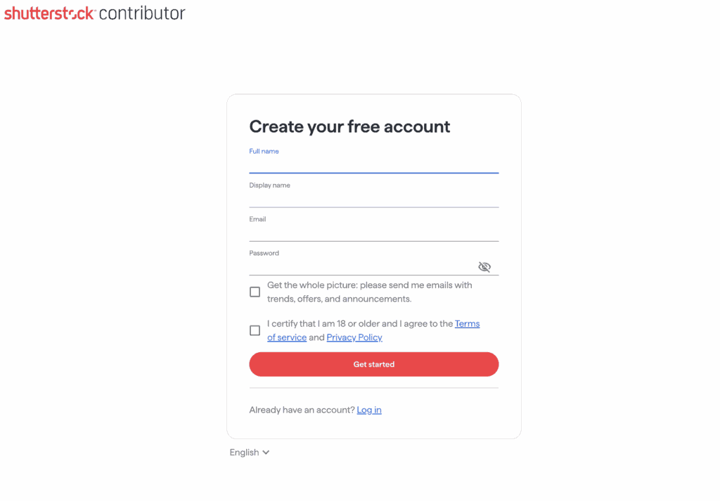 Shutterstock Contributor sign-up page showing account creation form with fields for name, email, and password.