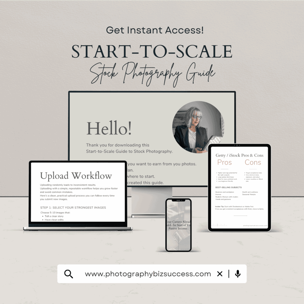 Start-to-Scale Stock Photography Guide displayed on desktop, tablet and mobile devices