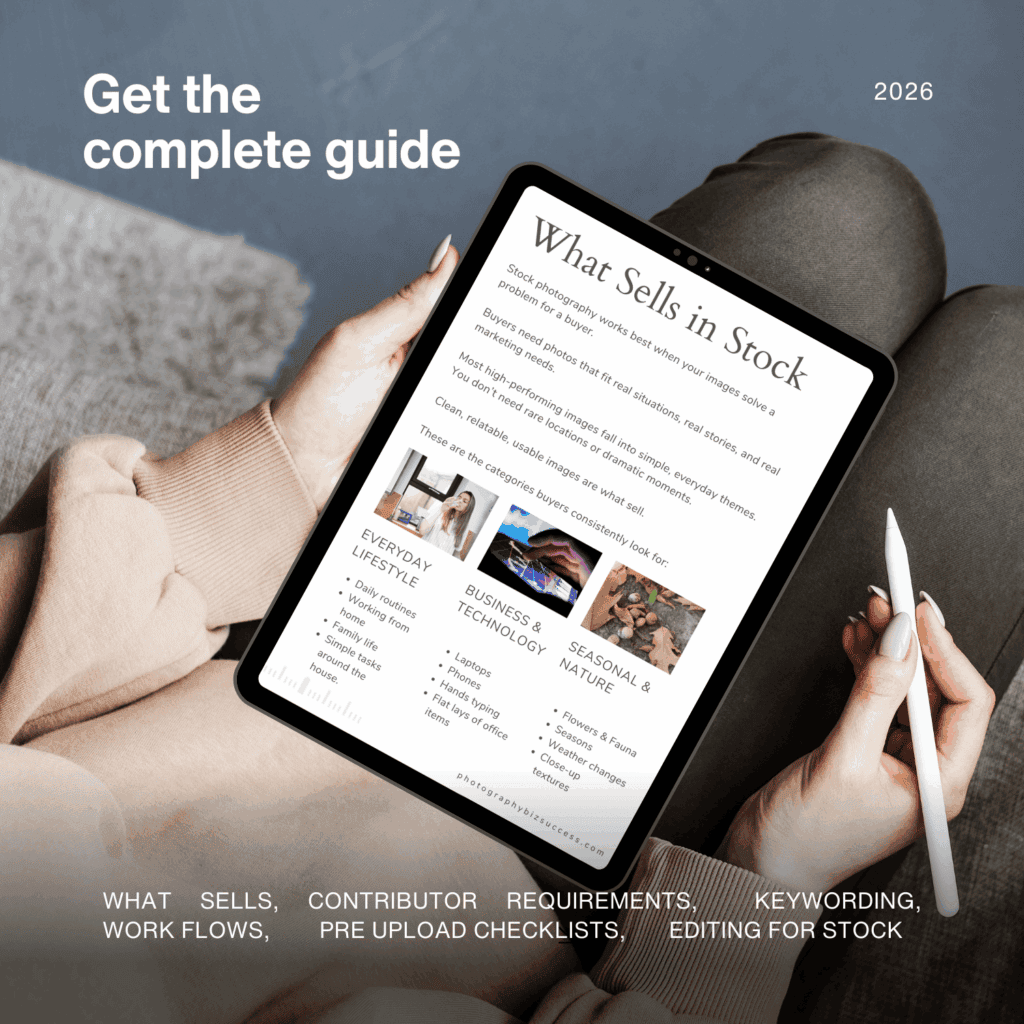 Stock photography guide showing what sells in stock on a tablet screen