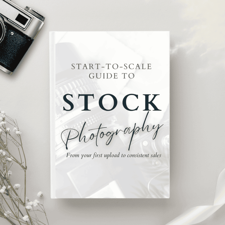 Start-to-Scale Stock Photography Guide cover with camera and minimal styling