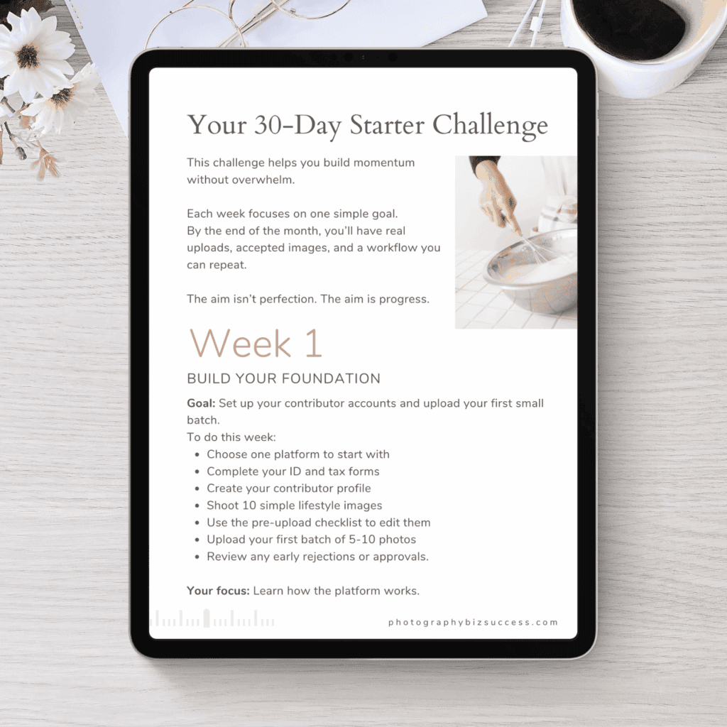 30-day stock photography starter challenge shown on a tablet