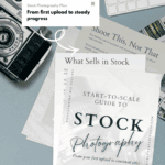 Start-to-Scale Stock Photography Guide showing stock photography plan and what sells in stock pages on a desk