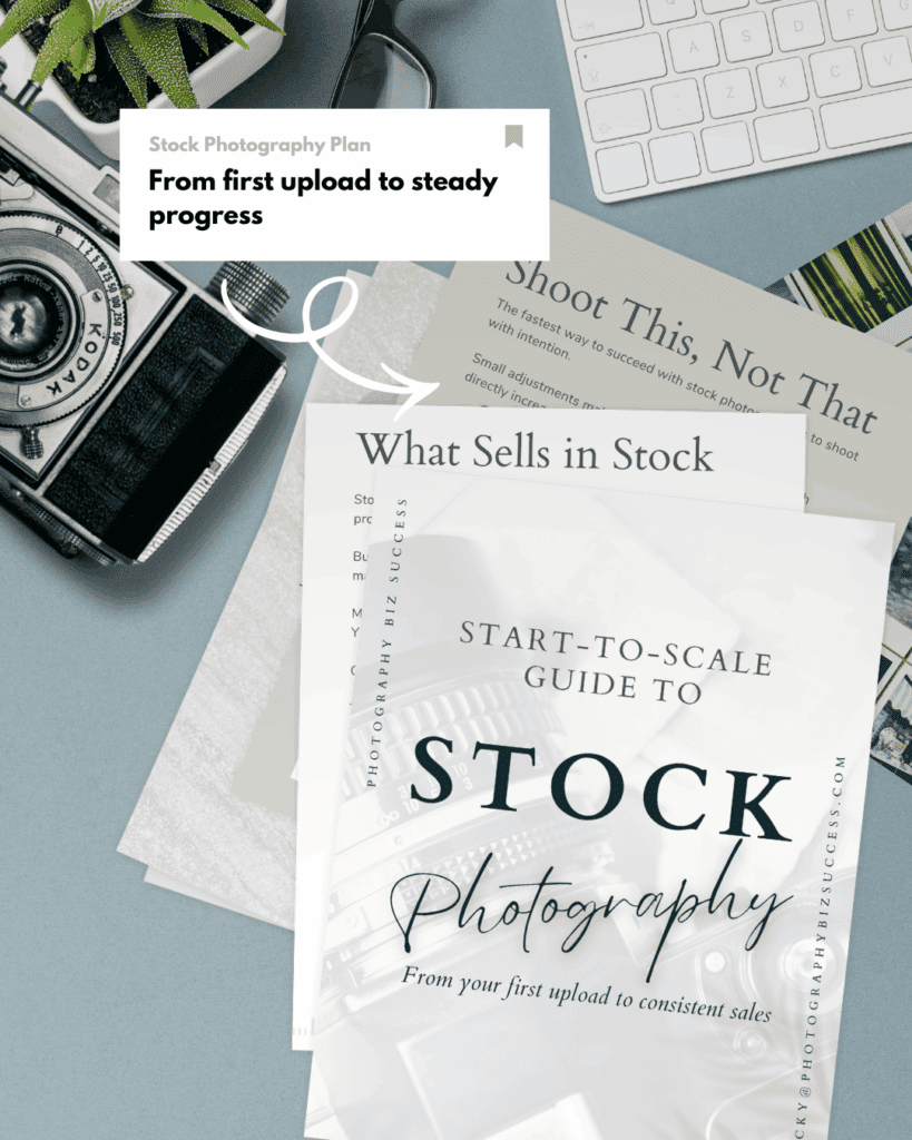 Start-to-Scale Stock Photography Guide showing stock photography plan and what sells in stock pages on a desk