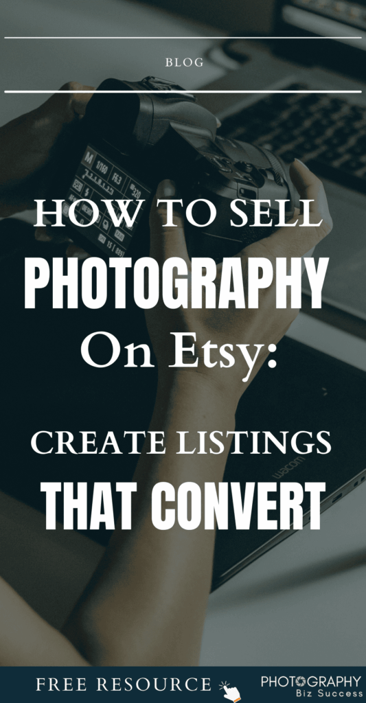 The image is showing someone using the menu functions of a camera. The text overlay reads, How to sell photography on Etsy. Create listings that convert