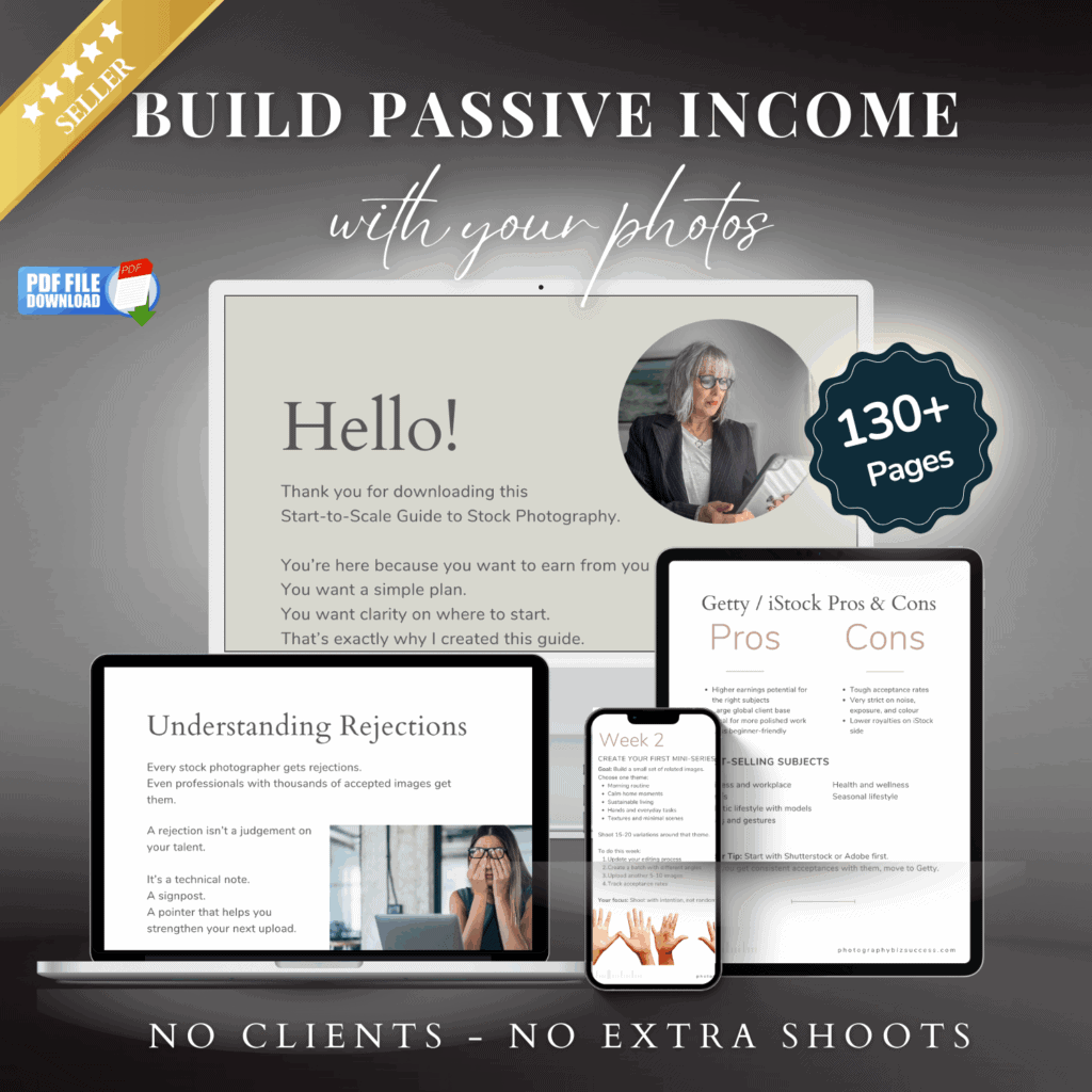 Start to Scale Stock Photography guide shown on laptop, tablet and phone with text build passive income with your photos and 130 plus pages highlighted