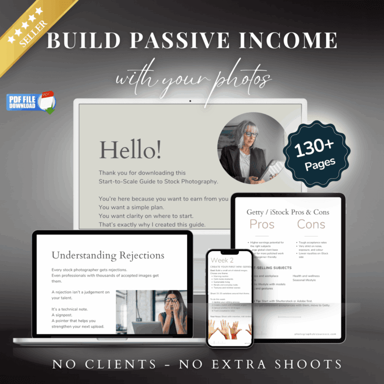 Start to Scale Stock Photography guide shown on laptop, tablet and phone with text build passive income with your photos and 130 plus pages highlighted