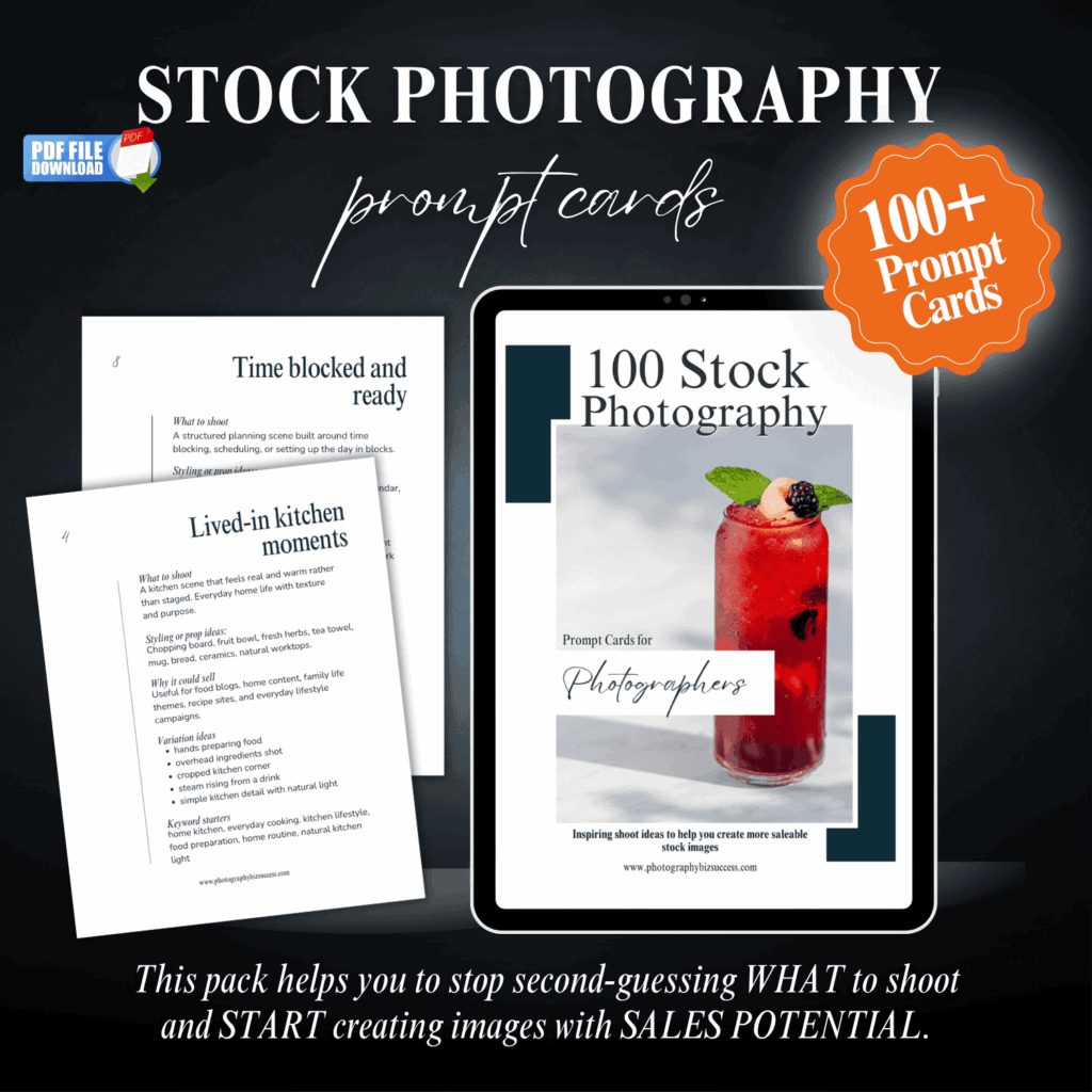 Stock Photography Prompt Cards digital download shown on tablet with sample prompt pages and text about helping photographers stop second-guessing what to shoot.