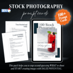 Stock Photography Prompt Cards digital download shown on tablet with sample prompt pages and text about helping photographers stop second-guessing what to shoot.