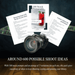 Stock photography prompt cards with camera and sample prompt pages showing around 600 possible stock photo shoot ideas for photographers.
