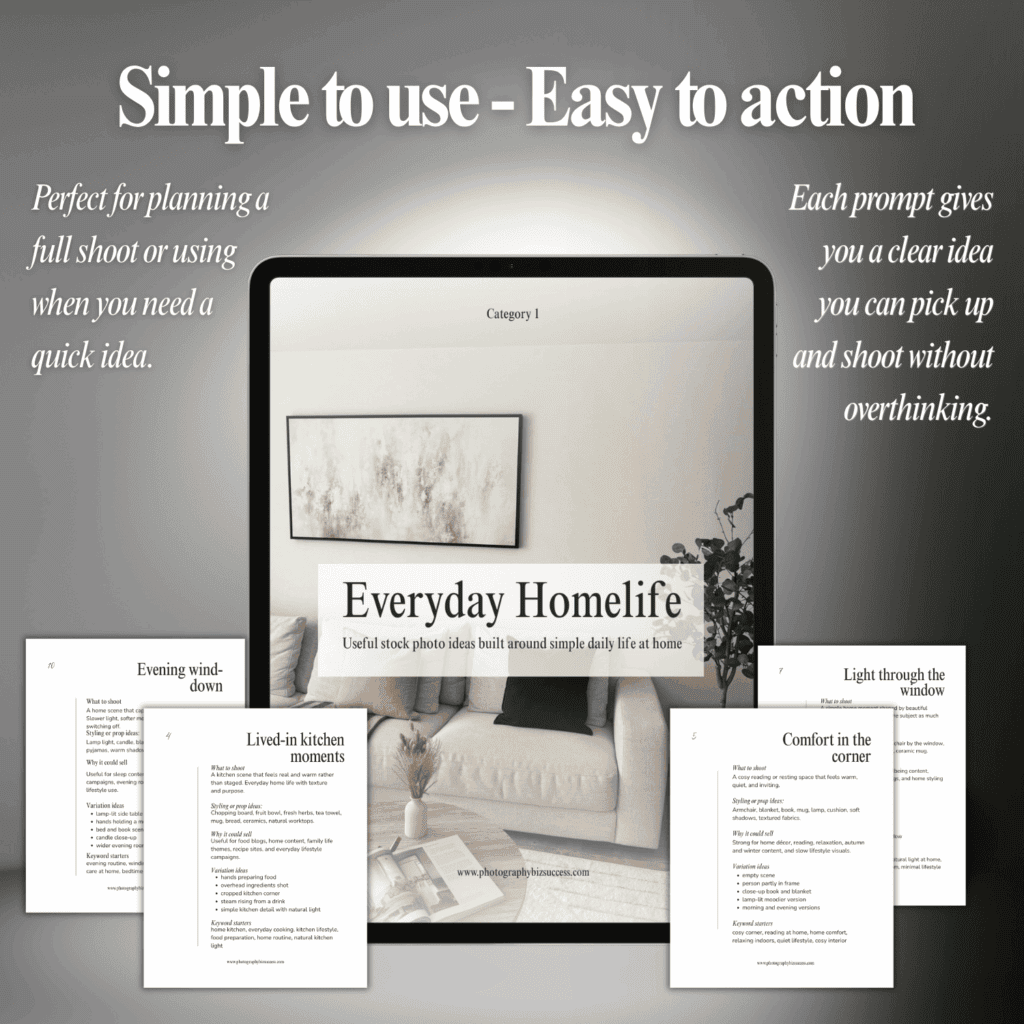 Stock photography prompt cards on tablet with text explaining how photographers can stop wondering what to photograph and build their stock portfolio.