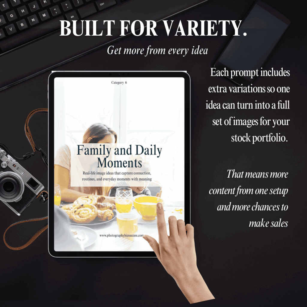 Stock photography prompt cards with family and daily moments category showing extra variations to help photographers create more stock images from one setup.