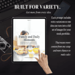 Stock photography prompt cards with family and daily moments category showing extra variations to help photographers create more stock images from one setup.