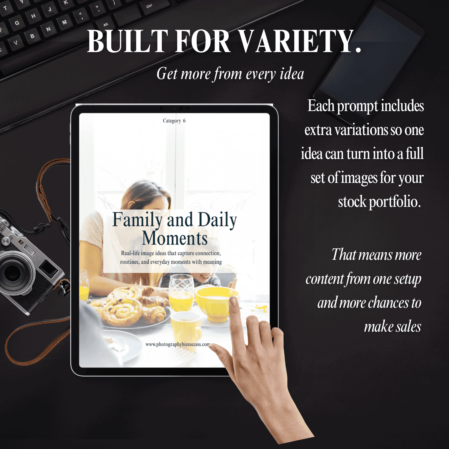 Stock photography prompt cards with family and daily moments category showing extra variations to help photographers create more stock images from one setup.