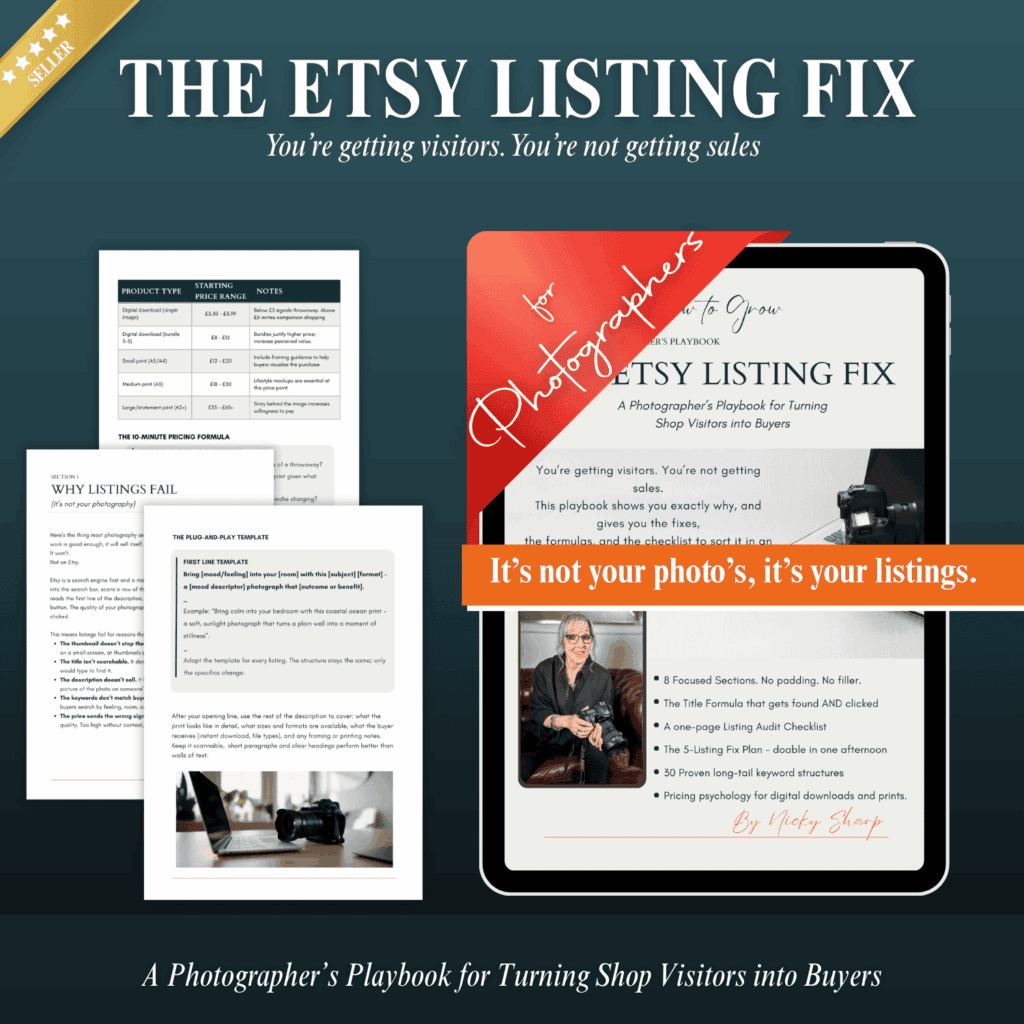 The Etsy Listing Fix digital playbook for photographers shown on a tablet with interior pages fanned out. Text reads: It's not your photos, it's your listings.
