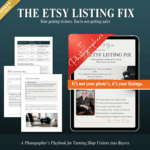 The Etsy Listing Fix digital playbook for photographers shown on a tablet with interior pages fanned out. Text reads: It's not your photos, it's your listings.