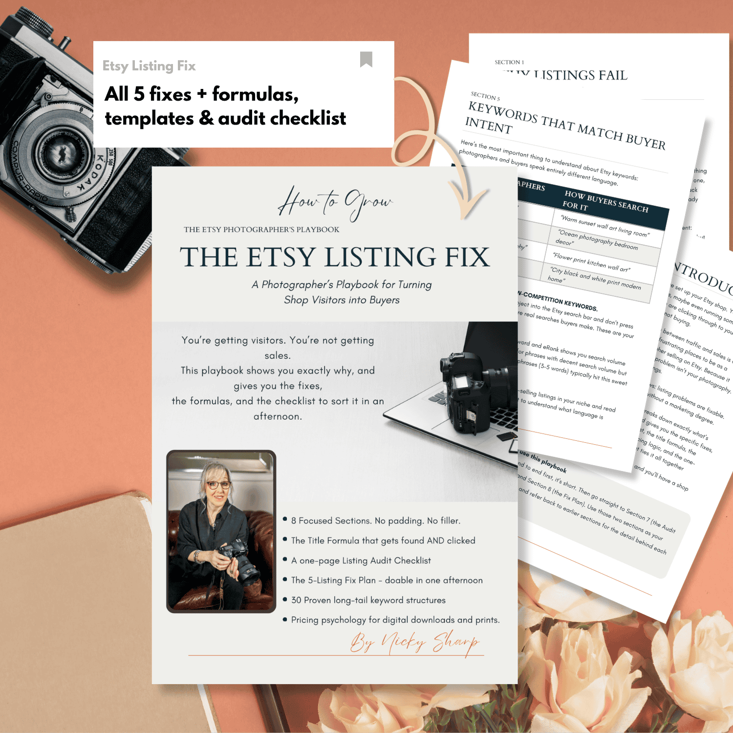 A flat lay desk with pages of the Etsy Listing fix laid out. A vintage camera is also on the orange desk