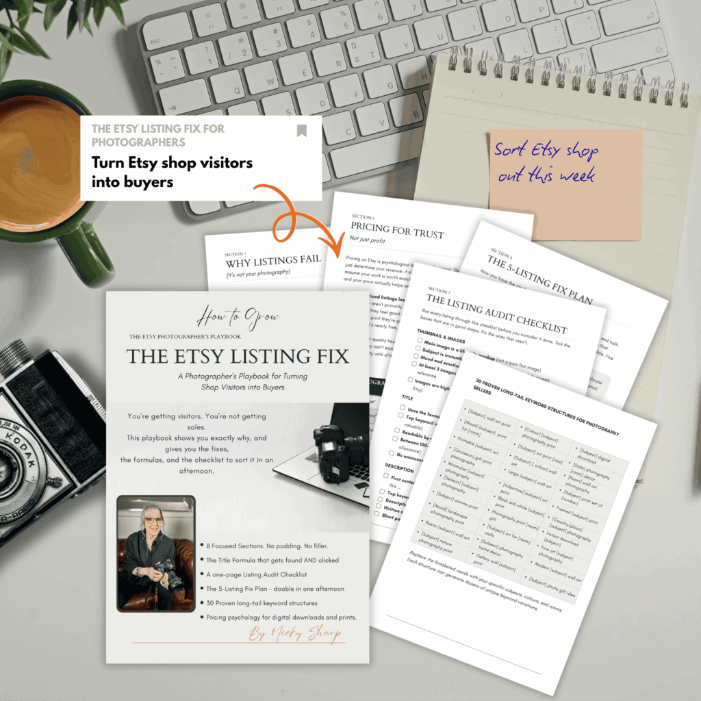 Flat lay of The Etsy Listing Fix playbook cover and interior pages including the Listing Audit Checklist and keyword structures, spread across a light desk with a vintage camera, coffee cup, notepad, and sticky note reading Sort Etsy shop out this week.