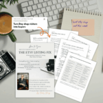 Flat lay of The Etsy Listing Fix playbook cover and interior pages including the Listing Audit Checklist and keyword structures, spread across a light desk with a vintage camera, coffee cup, notepad, and sticky note reading Sort Etsy shop out this week.