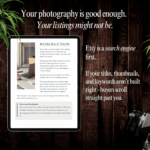 iPad displaying the Introduction page of The Etsy Listing Fix on a dark wood background with a camera and fern. Text reads: Your photography is good enough. Your listings might not be.