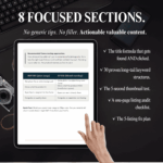 Hand pointing at an iPad showing the Before and After thumbnail comparison table from The Etsy Listing Fix, with a film camera and keyboard in the background. Text reads: 8 Focused Sections. No generic tips. No filler. Actionable valuable content.