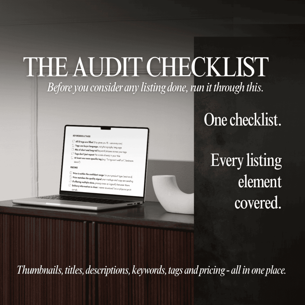 Laptop on a dark wood desk showing the Keywords and Pricing sections of the Listing Audit Checklist from The Etsy Listing Fix. Text reads: The Audit Checklist. Before you consider any listing done, run it through this.