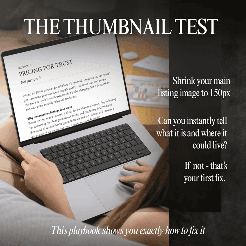 Woman using a laptop showing the Pricing for Trust section of The Etsy Listing Fix photography playbook. Text reads: The Thumbnail Test. Shrink your main listing image to 150px. Can you instantly tell what it is and where it could live? If not — that's your first fix.