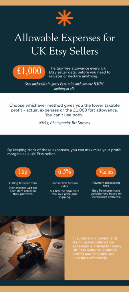 Infographic showing allowable expenses UK Etsy sellers can claim against tax on Etsy sales, including listing fees, transaction fees, and payment processing fees
