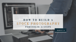 How to build a stock photography portfolio in 6 steps, blog graphic with a photographer at a computer