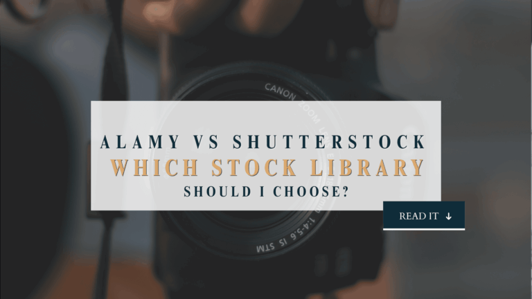 Alamy vs Shutterstock blog graphic with the title over a close-up Canon camera lens