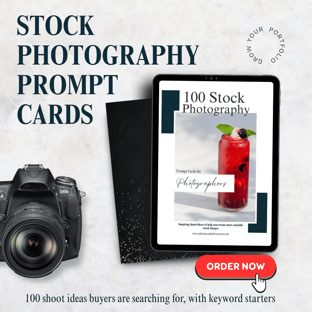 Stock photography prompt cards ad showing a tablet with 100 shoot ideas for photographers and an order now button
