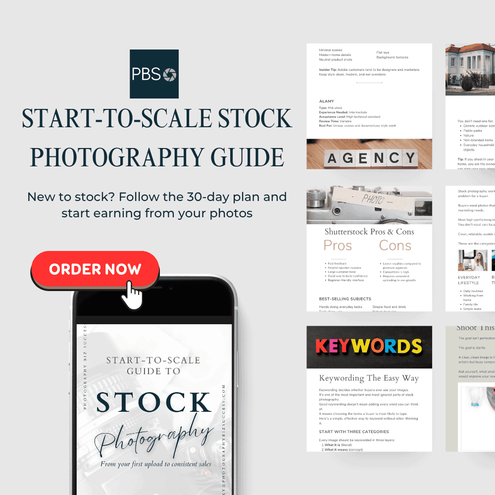 Start-to-Scale Stock Photography Guide ad showing the guide on a phone with sample pages on keywording and Shutterstock