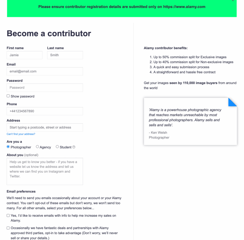 Sign-up form to become an Alamy contributor, with name, email, phone and address fields