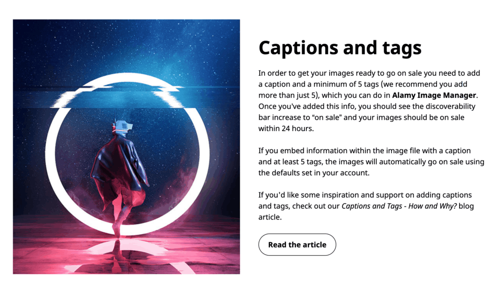 Alamy guidance on captions and tags: add a caption and at least five tags to put images on sale.