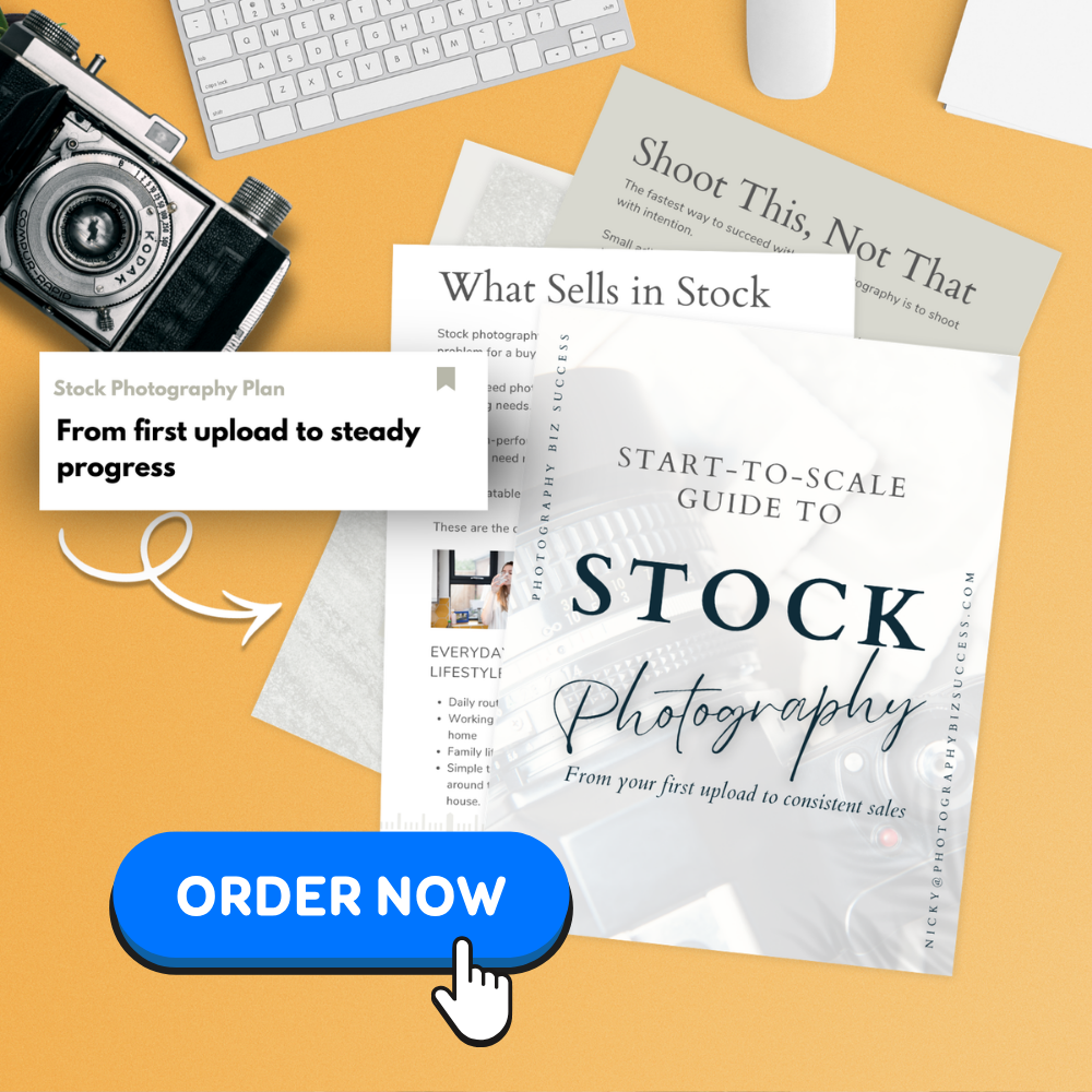 Start-to-scale guide to stock photography with sample pages on what sells in stock, beside a vintage camera and keyboard