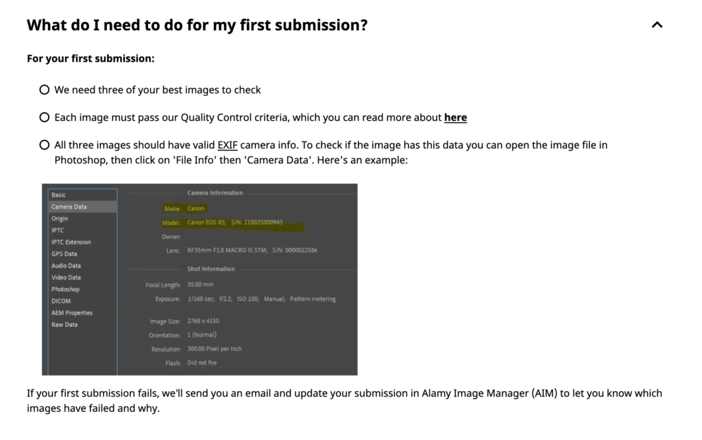 Alamy first submission requirements: three images, quality control and valid EXIF camera data
