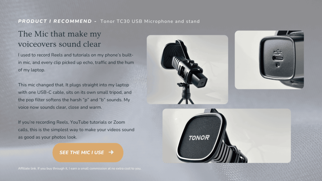 Tonor TC30 USB microphone and tripod stand, for recording stock photography tips and tutorials.