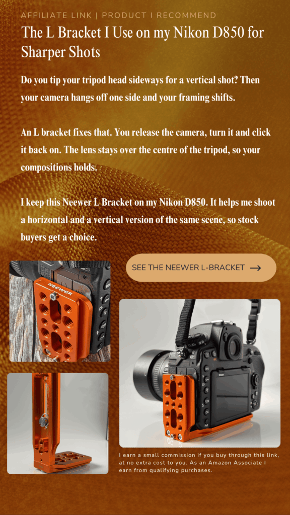 Affiliate ad for the orange Neewer L Bracket fitted to a Nikon D850