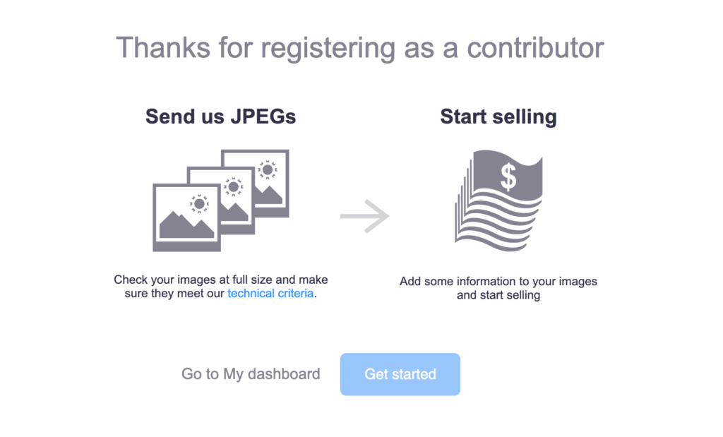 Alamy thanks for registering as a contributor screen with the Get started button